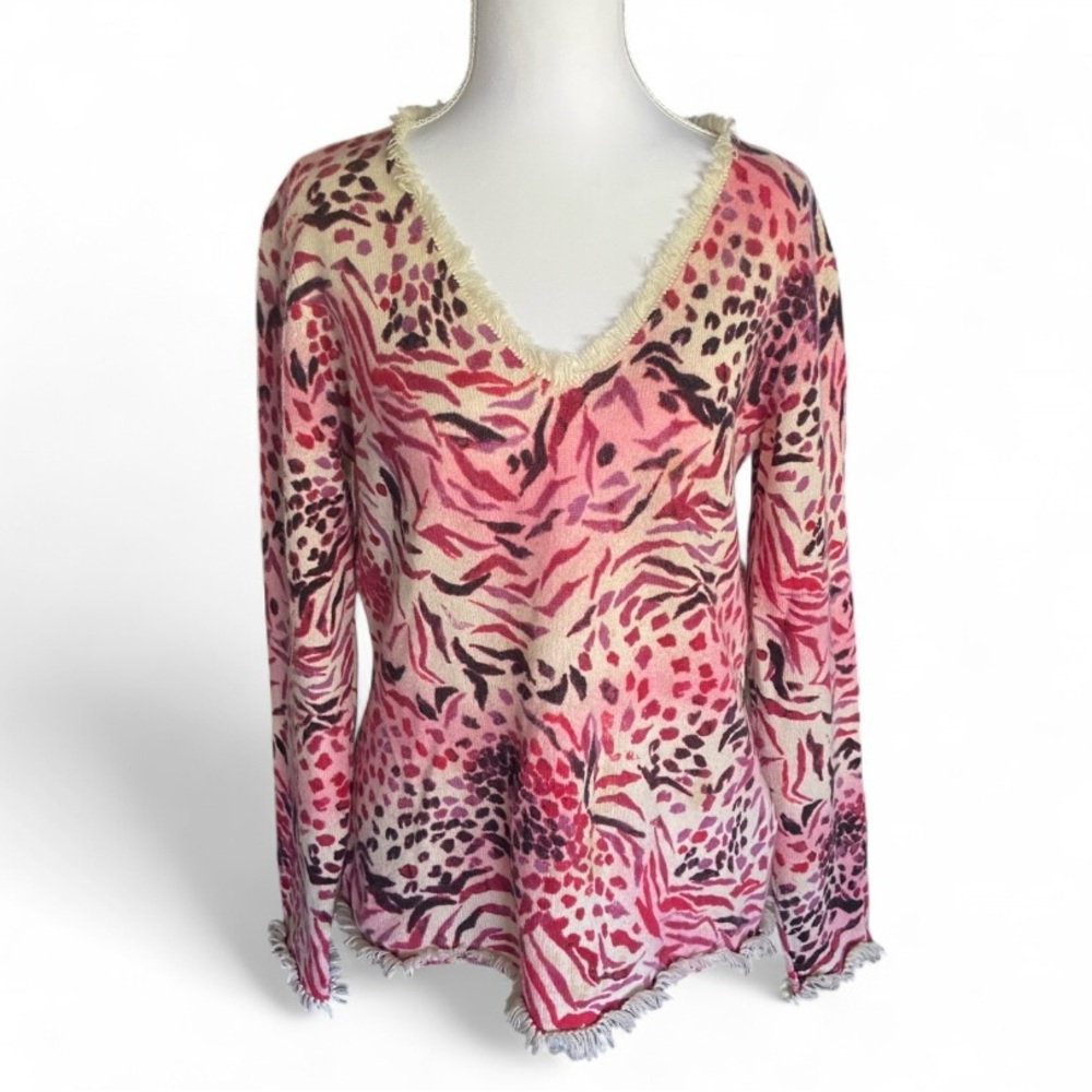 Sutton Cashmere Pink Animal Print V‎ Neck Womens Sweater Size M